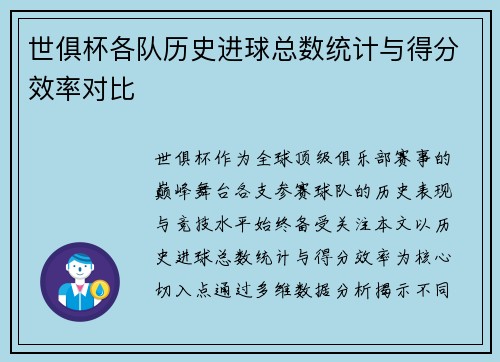 世俱杯各队历史进球总数统计与得分效率对比