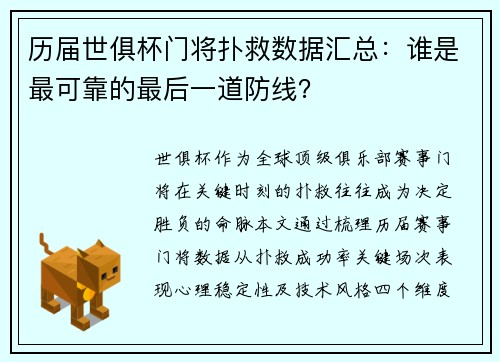 历届世俱杯门将扑救数据汇总：谁是最可靠的最后一道防线？